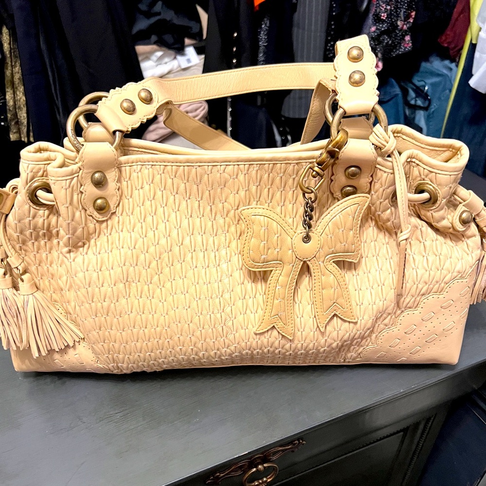 Isabella Fiore Tan Shoulder Bag with Bow Charm